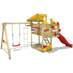 WICKEY Parco giochi in legno AirFlyer Giochi da giardino con altalena e scivolo rosso Casetta da gioco per l'arrampicata con sabbiera e scala di en oferta