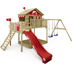 WICKEY Parco giochi in legno Smart Coast Giochi da giardino con altalena e scivolo rosso Casa su palafitte da esterno con sabbiera e scala di características