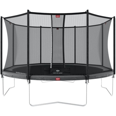 SOLO TRAMPOLINO Tappeto elastico da giardino rotondo 430cm - grigio. Con rete di sicurezza a chiusura automatica e bordo protettivo spesso