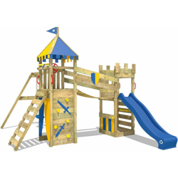 WICKEY Parco giochi in legno Smart Fort Giochi da giardino con altalena e scivolo blu Torre d'arrampicata da esterno con sabbiera e scala di risalita características