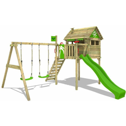 FATMOOSE Parco giochi in legno FunFactory Giochi da giardino con altalena e scivolo mela verde Casa su palafitte da esterno con scala di risalita per en oferta