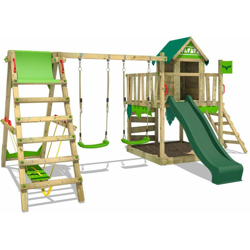 FATMOOSE Parco giochi in legno JazzyJungle Giochi da giardino con altalena SurfSwing e scivolo verde Casetta da gioco per l'arrampicata con sabbiera en oferta