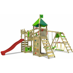 FATMOOSE Parco giochi in legno RiverRun Giochi da giardino con altalena SurfSwing e scivolo rosso Casetta da gioco per l'arrampicata con sabbiera e características