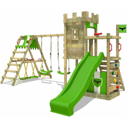 FATMOOSE Parco giochi in legno BoldBaron Giochi da giardino con altalena SurfSwing e scivolo mela verde Casetta da gioco per l'arrampicata con características