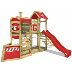 WICKEY Parco giochi in legno SteamFlyer Giochi da giardino con altalena e scivolo rosso Casetta da gioco per l'arrampicata con sabbiera e scala di precio