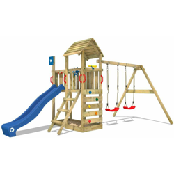 WICKEY Parco giochi in legno Smart Rival Giochi da giardino con altalena e scivolo blu Torre d'arrampicata da esterno con sabbiera e scala di precio