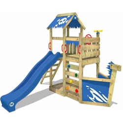 WICKEY Parco giochi in legno SpookyFlyer Giochi da giardino con scivolo blu Casetta da gioco per l'arrampicata con sabbiera e scala di risalita per precio