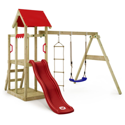 WICKEY Parco giochi in legno TinyPlace Giochi da giardino con altalena e scivolo rosso Torre d'arrampicata da esterno con sabbiera e scala di en oferta