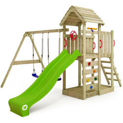 WICKEY Parco giochi in legno MultiFlyer Tetto in legno Giochi da giardino con altalena e scivolo mela verde Casetta da gioco per l'arrampicata con en oferta