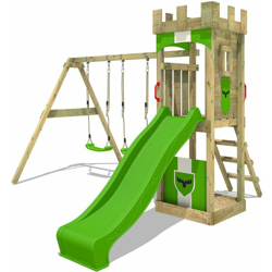 FATMOOSE Parco giochi in legno TreasureTower Giochi da giardino con altalena e scivolo mela verde Torre d'arrampicata da esterno con sabbiera e scala características