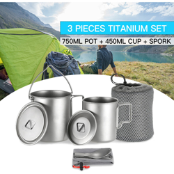 Asupermall - TOMSHOO leggero titanio 3 pezzi set di titanio 750ml Pot Mug Cup 450ml di acqua con coperchio pieghevole manico pieghevole Spork per en oferta