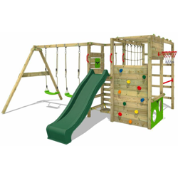 FATMOOSE Parco giochi in legno ActionArena Giochi da giardino con altalena e scivolo verde Scala svedese, Barre di scimmia, Struttura da gioco con en oferta