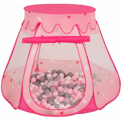 Selonis Tenda 105X90cm/100 Palline Castello Con Palline Colorate Per Bambini, Rosa:Perla/Grigio/Trasparente/Rosa Chiaro