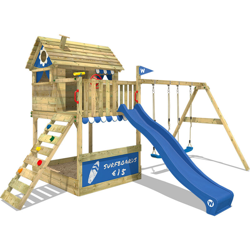 WICKEY Parco giochi in legno Smart Seaside Giochi da giardino con altalena e scivolo blu Casa su palafitte da esterno con sabbiera e scala di en oferta