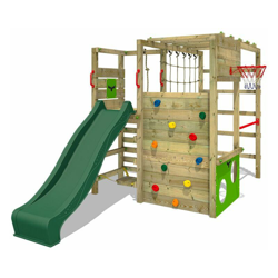 FATMOOSE Parco giochi in legno ActionArena Giochi da giardino con scivolo verde Scala svedese, Barre di scimmia, Struttura da gioco con parete características