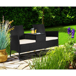 Panca da Giardino Poly Rattan 2 Posti Panchina Nero Ripiano Tavolino in WPC precio