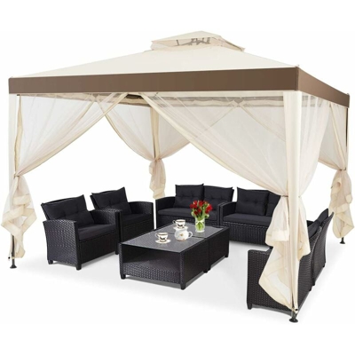 Gazebo da Giardino con Zanzariera 3 x 3 m, Struttura in Acciaio e 4 Tendine Poliestere Laterali, Beige (Beige)