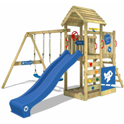 WICKEY Parco giochi in legno MultiFlyer Deluxe Giochi da giardino con altalena e scivolo blu Torre d'arrampicata da esterno con sabbiera e scala di características