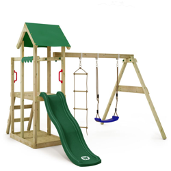 WICKEY Parco giochi in legno TinyPlace Giochi da giardino con altalena e scivolo verde Torre d'arrampicata da esterno con sabbiera e scala di precio