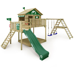 WICKEY Parco giochi in legno Smart Ocean Giochi da giardino con altalena e scivolo verde Casa su palafitte da esterno con sabbiera e scala di características