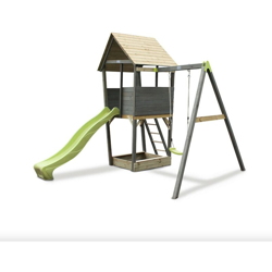 Solo Shops - SOLO torre da gioco in legno per bambini con scivolo, sabbiera e altalena - grigio. Legno certificato FSC® e impregnato ad alta en oferta