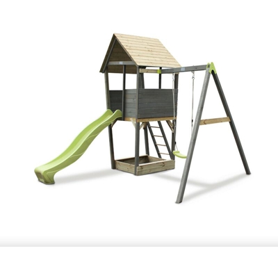 Solo Shops - SOLO torre da gioco in legno per bambini con scivolo, sabbiera e altalena - grigio. Legno certificato FSC® e impregnato ad alta