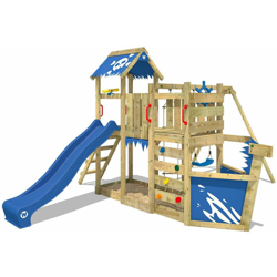 WICKEY Parco giochi in legno OceanFlyer Giochi da giardino con altalena e scivolo blu Casetta da gioco per l'arrampicata con sabbiera e scala di características