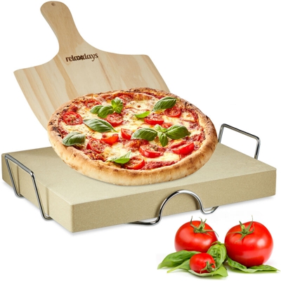 Relaxdays - Pietra Refrattaria, Set con Pala per Pizza, in Legno, Cordierite, 5cm Spessore, Rettangolare, Color naturale