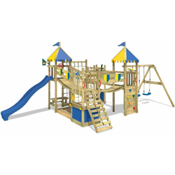 WICKEY Parco giochi in legno Smart King Giochi da giardino con altalena e scivolo blu Torre d'arrampicata da esterno con sabbiera e scala di risalita en oferta