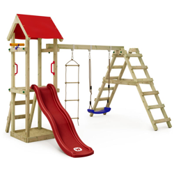 WICKEY Parco giochi in legno TinyLoft Giochi da giardino con altalena e scivolo rosso Torre d'arrampicata da esterno con sabbiera e scala di risalita precio