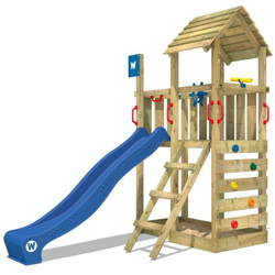 WICKEY Parco giochi in legno Smart Flash Giochi da giardino con scivolo blu Torre d'arrampicata da esterno con sabbiera e scala di risalita per en oferta