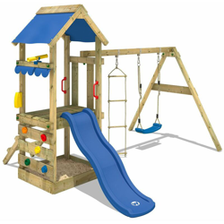 WICKEY Parco giochi in legno FreshFlyer Giochi da giardino con altalena e scivolo blu Torre d'arrampicata da esterno con sabbiera e scala di risalita características