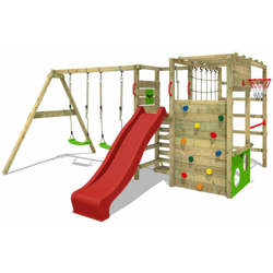 FATMOOSE Parco giochi in legno ActionArena Giochi da giardino con altalena e scivolo rosso Scala svedese, Barre di scimmia, Struttura da gioco con en oferta