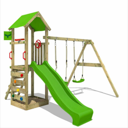 FATMOOSE Parco giochi in legno KiwiKey Giochi da giardino con altalena e scivolo mela verde Torre d'arrampicata da esterno con sabbiera e scala di características