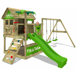 FATMOOSE Parco giochi in legno TikaTaka Giochi da giardino con altalena e scivolo mela verde Casa su palafitte da esterno con sabbiera e scala di en oferta