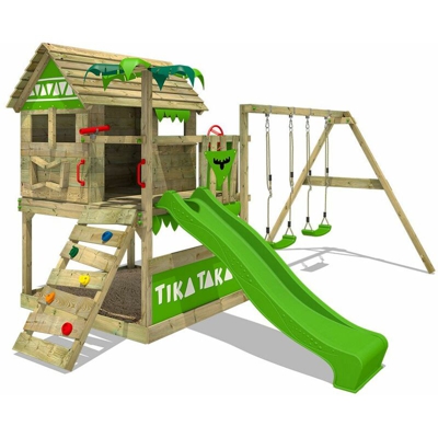 FATMOOSE Parco giochi in legno TikaTaka Giochi da giardino con altalena e scivolo mela verde Casa su palafitte da esterno con sabbiera e scala di