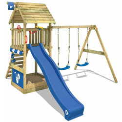 WICKEY Parco giochi in legno Smart Shelter Tetto in legno Giochi da giardino con altalena e scivolo blu Casetta da gioco per l'arrampicata con en oferta