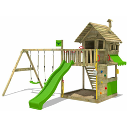 FATMOOSE Parco giochi in legno GroovyGarden Giochi da giardino con altalena e scivolo mela verde Casetta da gioco per l'arrampicata con sabbiera e características