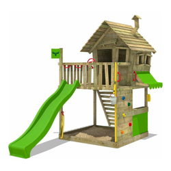 FATMOOSE Parco giochi in legno GroovyGarden Giochi da giardino con scivolo mela verde Casetta da gioco per l'arrampicata con sabbiera e scala di características