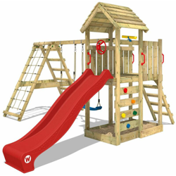 WICKEY Parco giochi in legno RocketFlyer Giochi da giardino con altalena e scivolo rosso Torre d'arrampicata da esterno con sabbiera e scala di en oferta