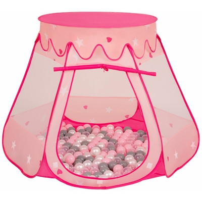 Selonis Tenda 105X90cm/600 Palline Castello Con Palline Colorate Per Bambini, Rosa:Perla/Grigio/Trasparente/Rosa Chiaro