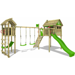 FATMOOSE Parco giochi in legno FunFactory Giochi da giardino con altalena TowerSwing e scivolo mela verde Casa su palafitte da esterno con scala di precio