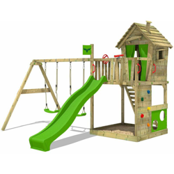 FATMOOSE Parco giochi in legno HappyHome Giochi da giardino con altalena e scivolo mela verde Casetta da gioco per l'arrampicata con sabbiera e scala características