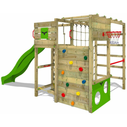 FATMOOSE Parco giochi in legno FitFrame Giochi da giardino con scivolo mela verde Scala svedese, Barre di scimmia, Struttura da gioco con parete precio