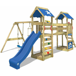 WICKEY Parco giochi in legno SunFlyer Giochi da giardino con altalena e scivolo blu Torre d'arrampicata da esterno con sabbiera e scala di risalita en oferta