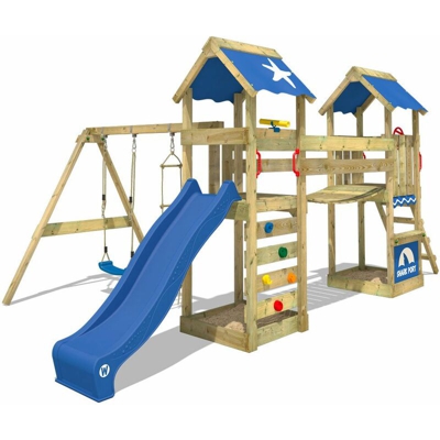 WICKEY Parco giochi in legno SunFlyer Giochi da giardino con altalena e scivolo blu Torre d'arrampicata da esterno con sabbiera e scala di risalita