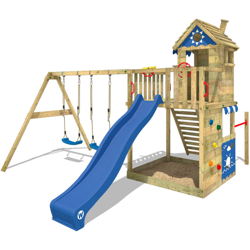 WICKEY Parco giochi in legno Smart Sand Giochi da giardino con altalena e scivolo blu Torre d'arrampicata da esterno con sabbiera e scala di risalita características