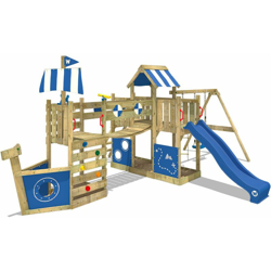 WICKEY Parco giochi in legno ArcticFlyer Giochi da giardino con altalena e scivolo blu Casetta da gioco per l'arrampicata con sabbiera e scala di precio