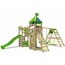 FATMOOSE Parco giochi in legno RiverRun Giochi da giardino con altalena SurfSwing e scivolo mela verde Casetta da gioco per l'arrampicata con en oferta