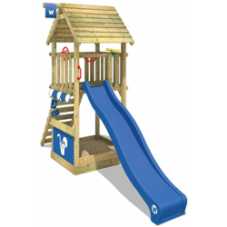 WICKEY Parco giochi in legno Smart Club Tetto in legno Giochi da giardino con scivolo blu Torre d'arrampicata da esterno con sabbiera e scala di precio